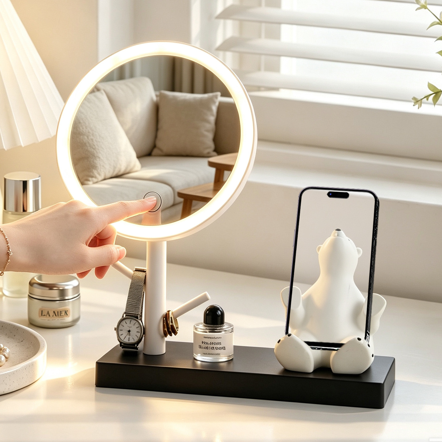 LED Makeup Mirror with Phone Holder and Jewelry Holder