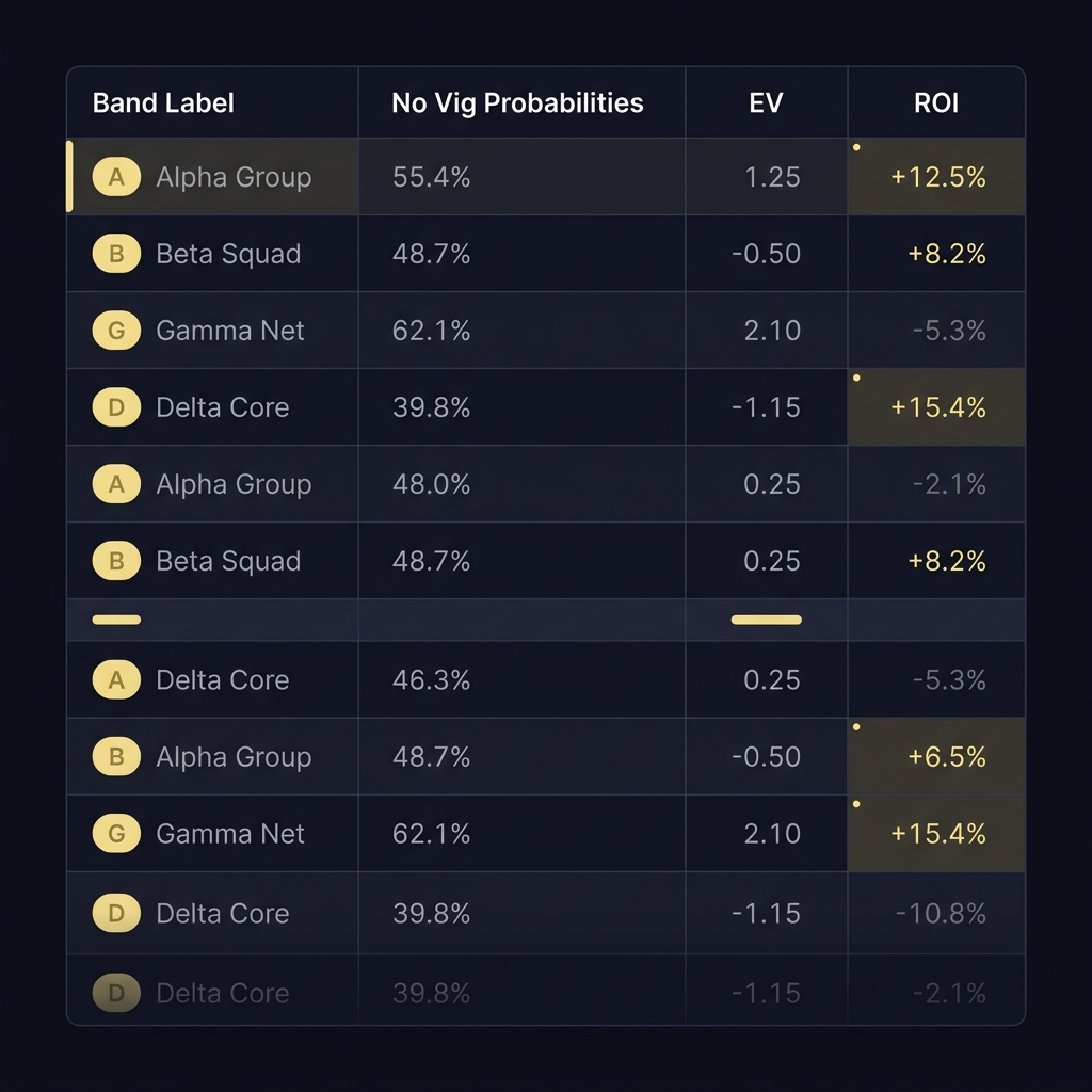 Clean full frame spreadsheet mockup showing band labels no vig probabilities EV and ROI columns on a Funded Plays branded dark background How to Identify Your Most Profitable Odds Range