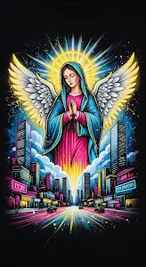 Neon Virgin Mary Angel Floating Over Cyberpunk Cityscape