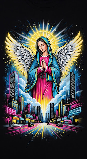 Neon Virgin Mary Angel Floating Over Cyberpunk Cityscape - Free mobile Wallpaper