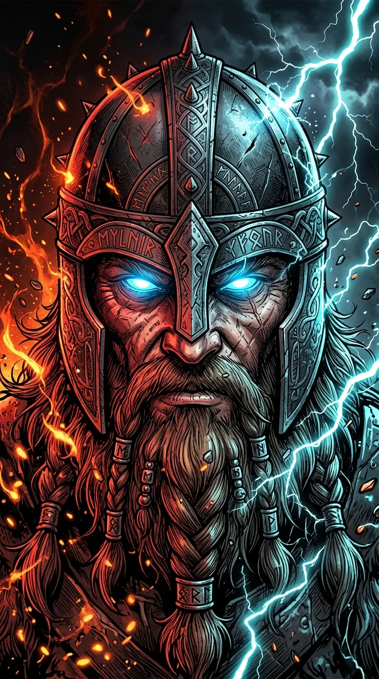 Vibrant Comic Art Portrait of Bearded God with Glowing Blue Eyes - Free 4K mobile Wallpaper