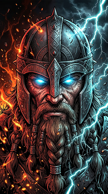 Vibrant Comic Art Portrait of Bearded God with Glowing Blue Eyes - Free mobile Wallpaper