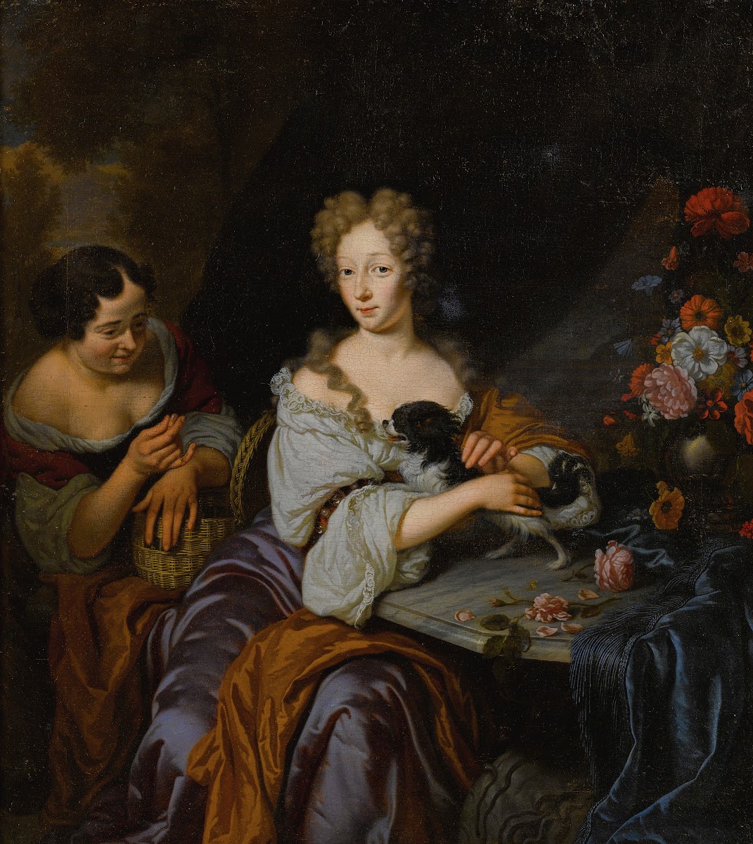Portrait Of A LadyWith Her Dog And A Maid 1686