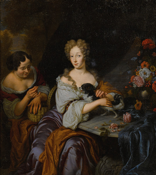 Portrait Of A LadyWith Her Dog And A Maid 1686
