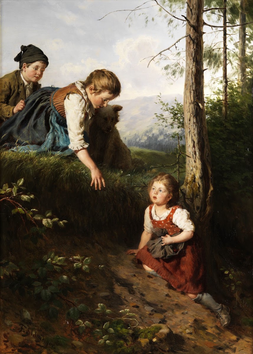 Drei Kinder im Wald beim Beerenpflücken