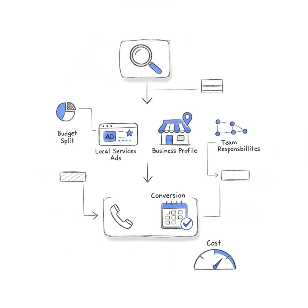 Notebook-style sketch showing a simplified vertical lead funnel with search, local ads and business profile icons leading to phone and calendar booking, plus a cost gauge visualizing Google local service ad cost