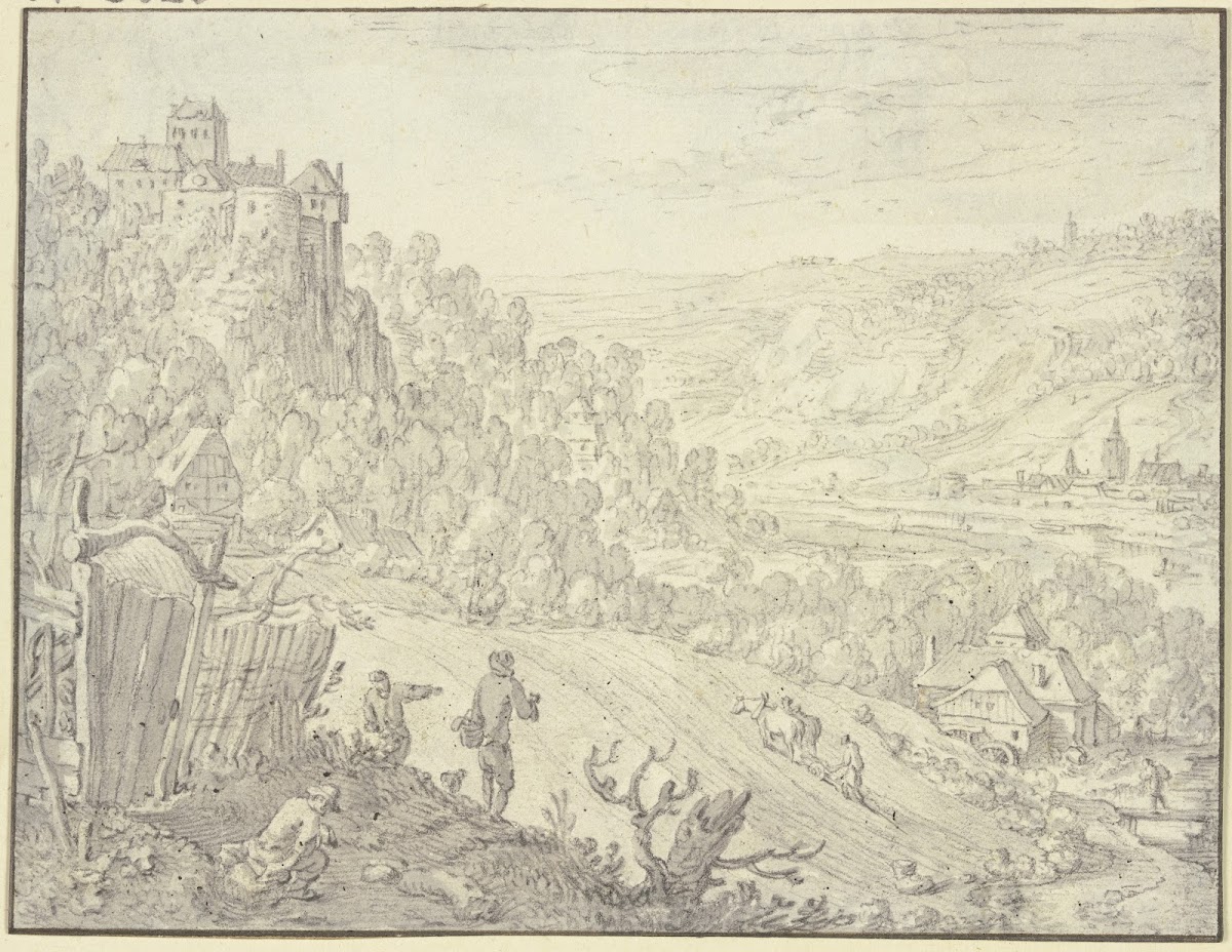 Landschaft mit Felsenschloß im Tal eine Mühle