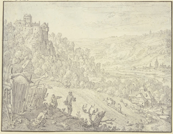 Landschaft mit Felsenschloß im Tal eine Mühle