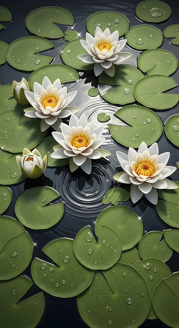 White Water Lilies and Lily Pads on Dark Pond Surface