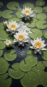 White Water Lilies and Lily Pads on Dark Pond Surface
