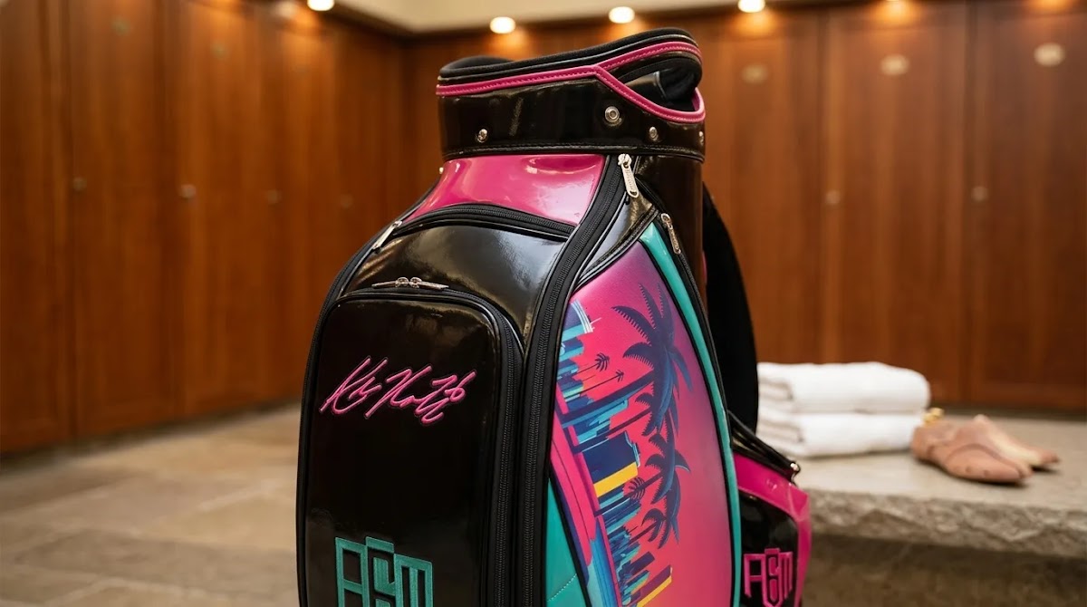 Premium leather golf bags detail showing stitching, hardware, and full-grain leather craftsmanship