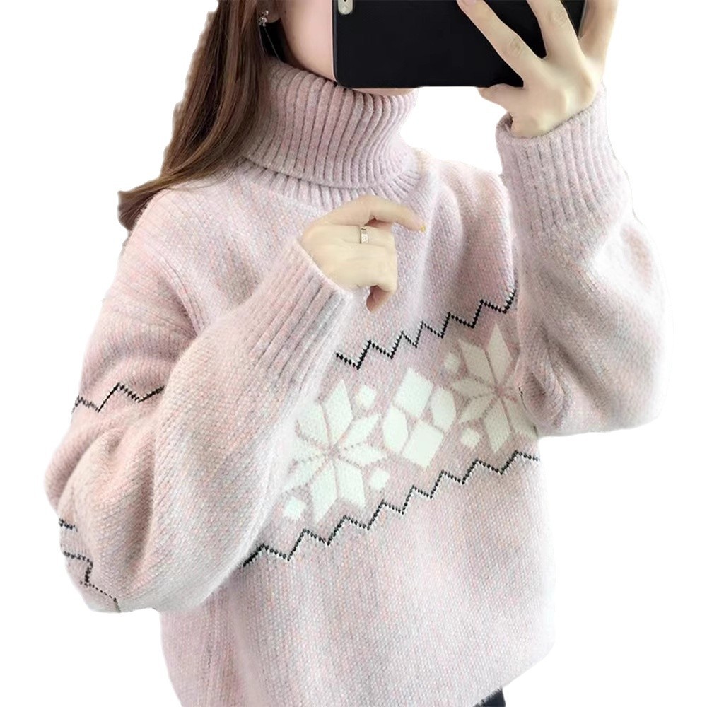 Women's knitted sweater with snowflake pattern and high collar