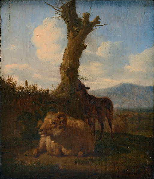 Italianate landscape with a ram other sheep and a dead tree