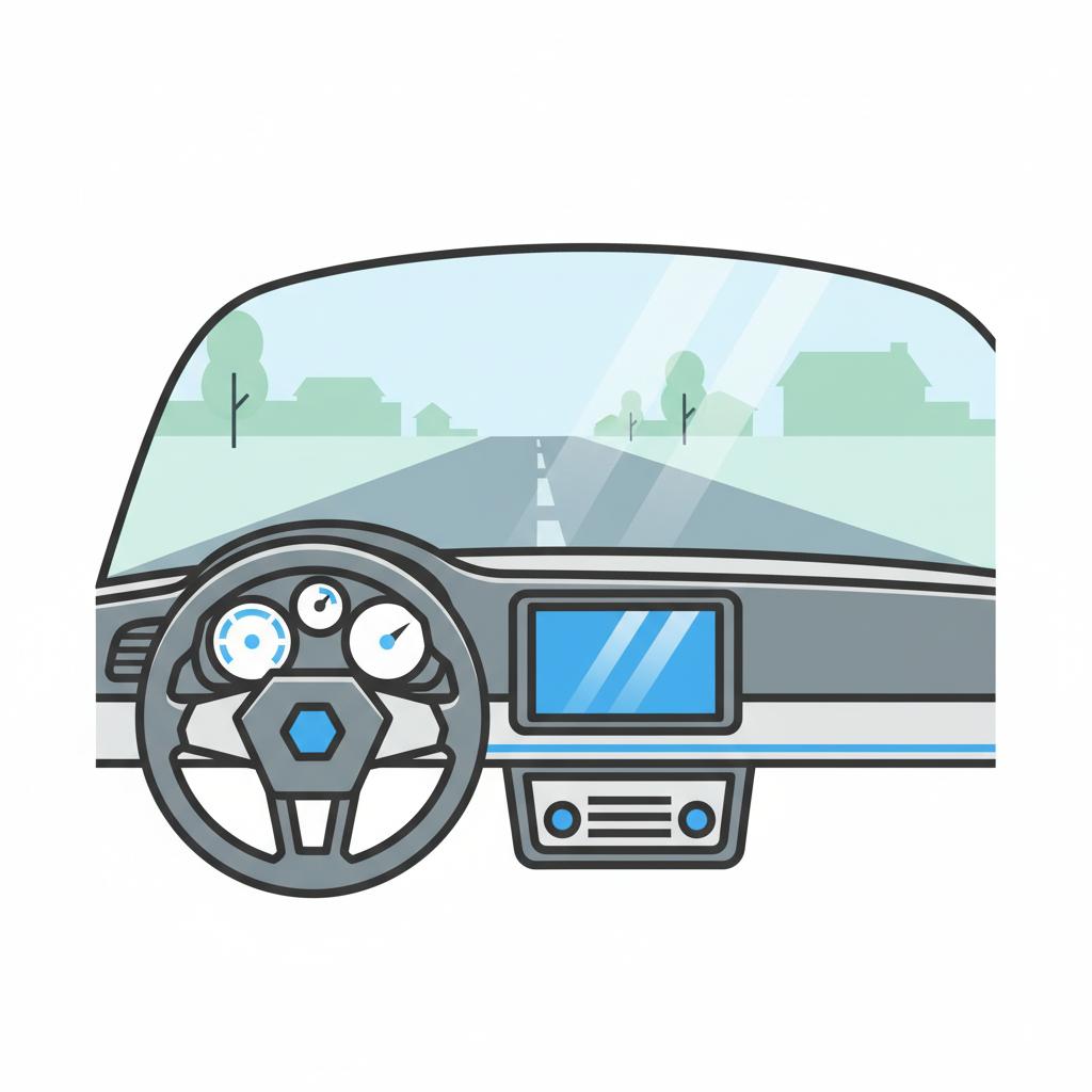 Minimalist 2D vector Tiguan dashboard showing steering wheel infotainment and suburban road ahead with subtle 3666ed brand accent reflected on the display