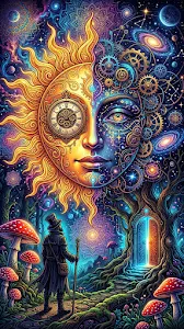 Psychedelic Portrait Art with Roman Numeral Clock and Fantasy Mushrooms
