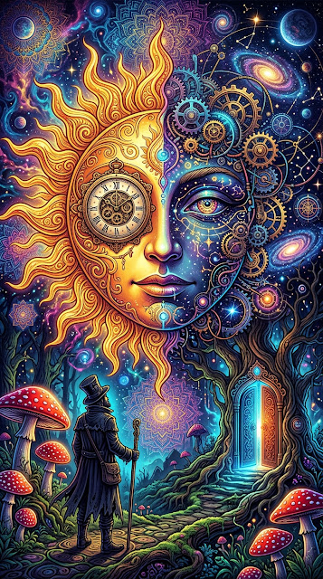 Psychedelic Portrait Art with Roman Numeral Clock and Fantasy Mushrooms - Free mobile Wallpaper