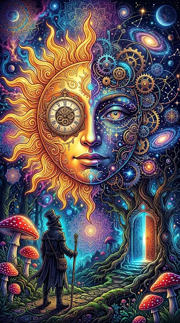 Psychedelic Portrait Art with Roman Numeral Clock and Fantasy Mushrooms