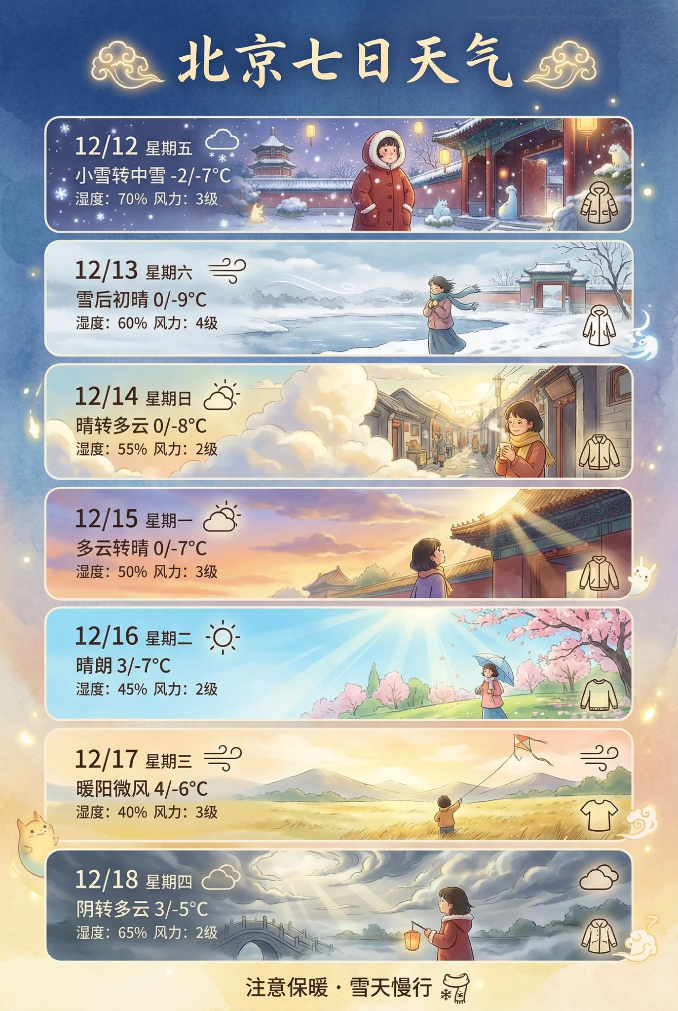 Póster con visualización del tiempo para los próximos 7 días en Pekín.