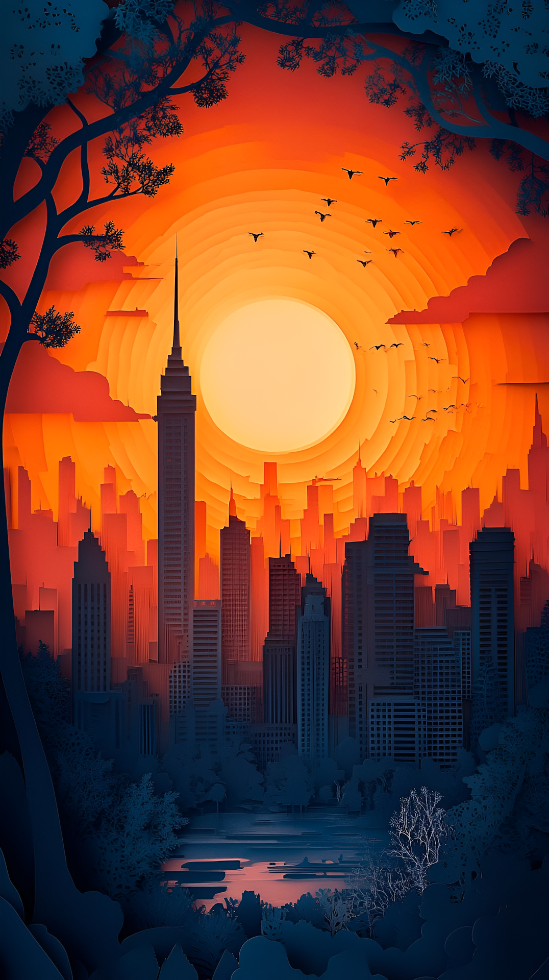 Paper Cutout Cityscape Silhouette at Fiery Orange Sunset - Free 4K mobile Wallpaper