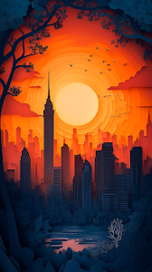 Paper Cutout Cityscape Silhouette at Fiery Orange Sunset