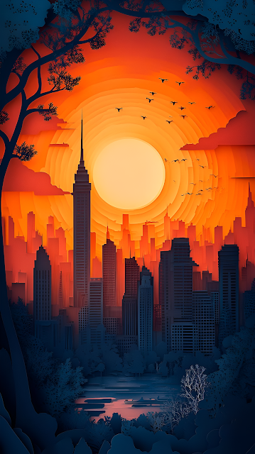 Paper Cutout Cityscape Silhouette at Fiery Orange Sunset - Free mobile Wallpaper