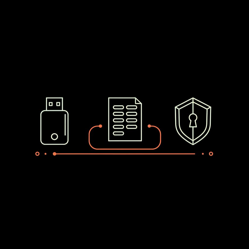 Minimal 2D vector infographic of a hardware security key, printed backup code sheet, and password manager icon on black background for Google account recovery.