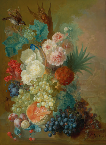 Still Life Of Peonies A Cocks Comb And Morning Glories With A Pineapple Ear Of C