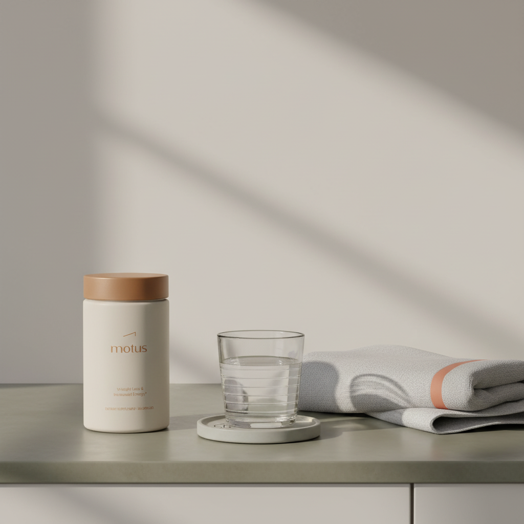 Minimal kitchen counter scene with Motus supplement jar next to a glass of water and folded workout towel, illustrating calm daily routines and what to avoid while taking a fat burner