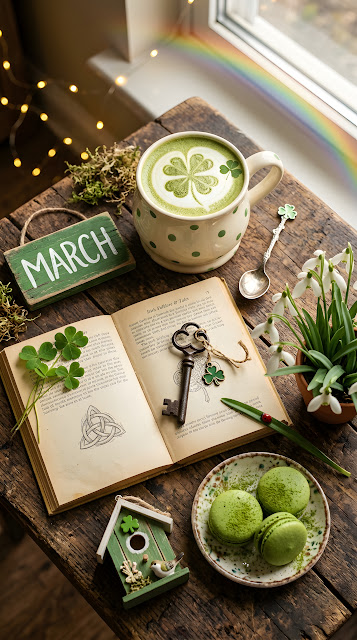 Festive Spring Flatlay with 'MARCH' Sign, Green Coffee, and Macarons - Free mobile Wallpaper