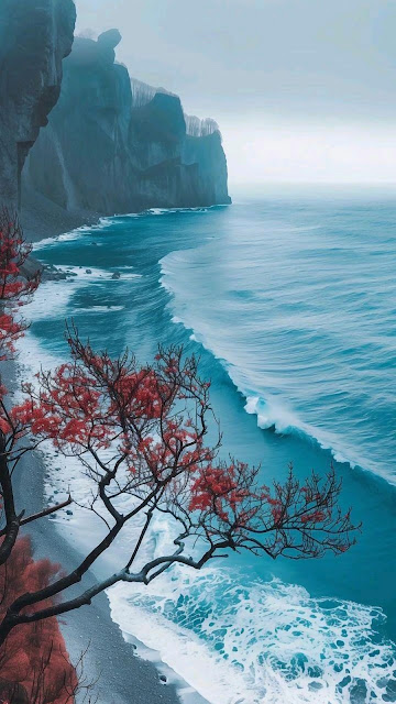 Dramatic Coastal Landscape Red Foliage Turquoise Ocean Waves - Free mobile Wallpaper