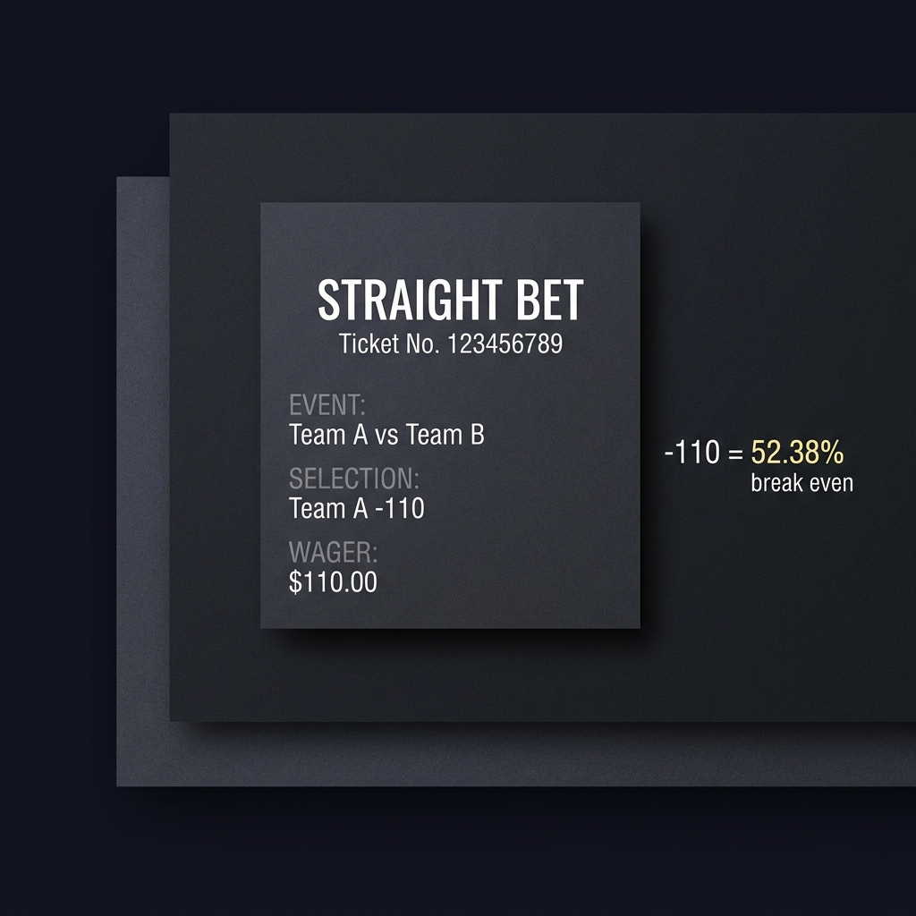 Close up of a straight bets ticket with a clean calculation overlay converting -110 to 52.38 percent break even in a minimalist Funded Plays dark brand aesthetic
