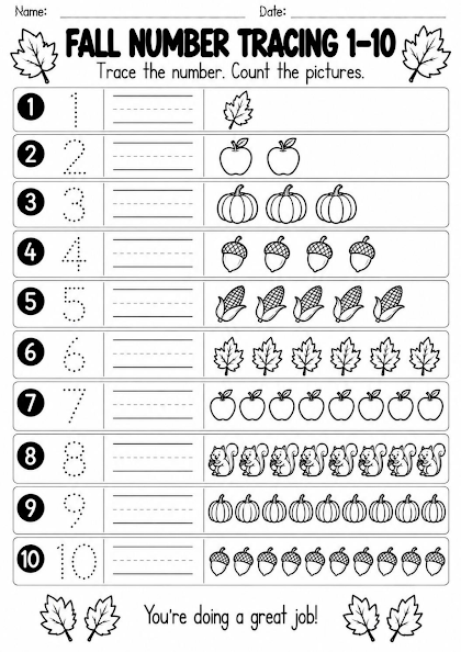 Fall Number Tracing 1 to 10 Worksheet