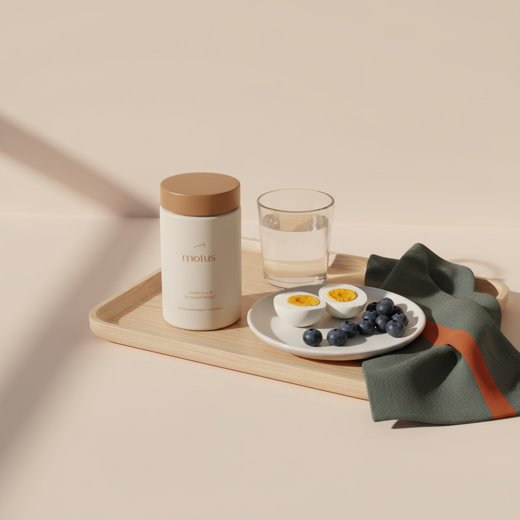 Motus supplement bottle on a minimalist wooden tray with a glass of water, folded towel and plate with egg and blueberries on a soft #F2E5D5 background — fat burners for men