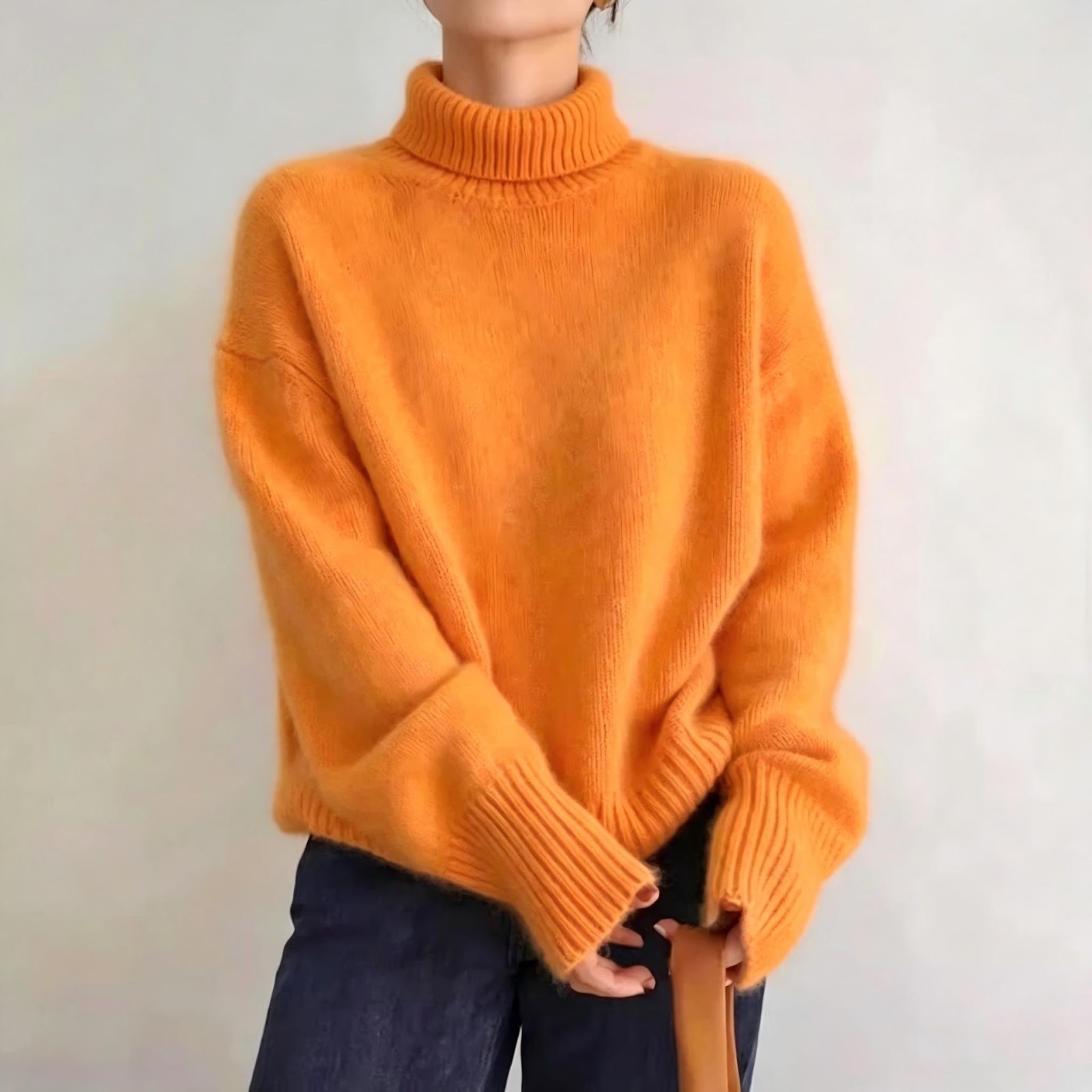 Loose women's knitted sweater with a roll neck