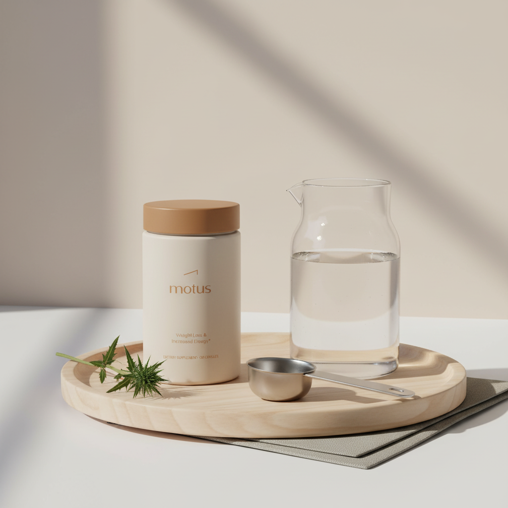 do thermogenics work for weight loss? Tonum Motus jar on wooden tray with glass carafe, measuring scoop and milk thistle in soft morning light, minimalist health scene