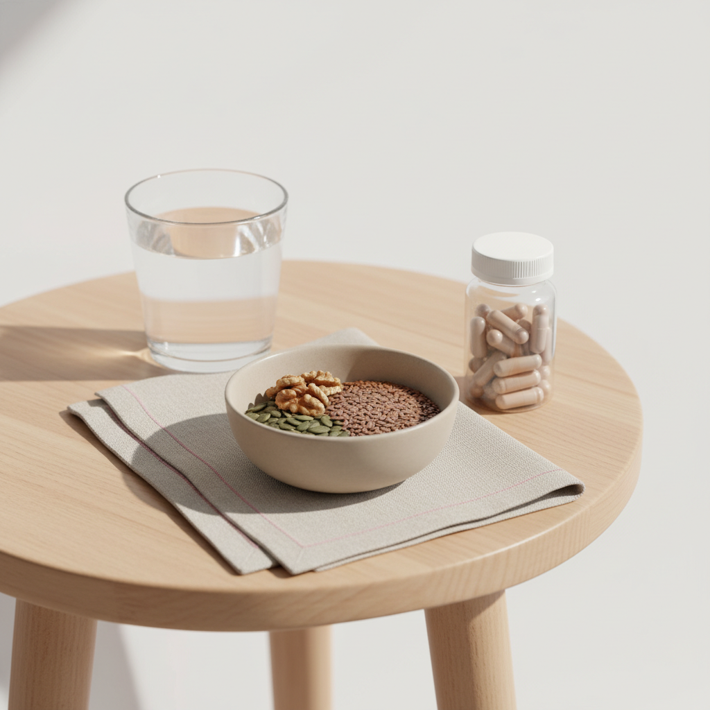 Nahaufnahme eines minimalistischen Beistelltischs mit Glas Wasser, Schale mit Walnüssen und Samen, Leinenserviette und Fläschchen mit Nahrungsergänzung – Welches Vitamin fehlt bei strohigen Haaren?