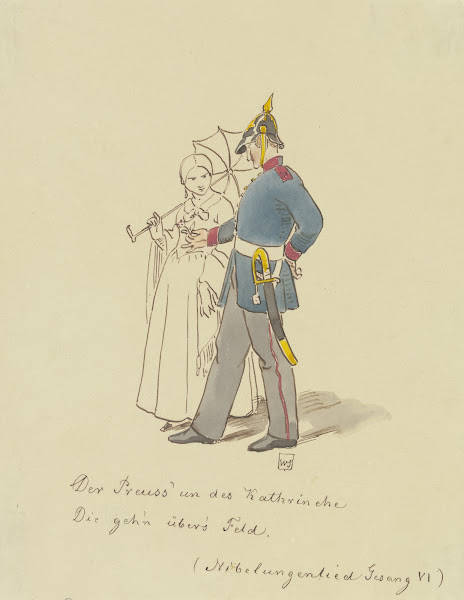 Preußischer Soldat und junge Frau mit Schirm