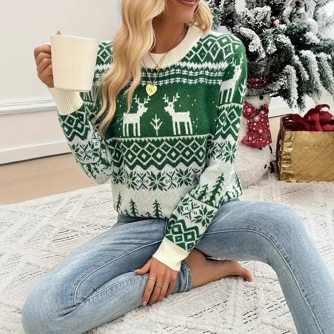 Retro Christmas Sweater for Women with Reindeer Jacquard