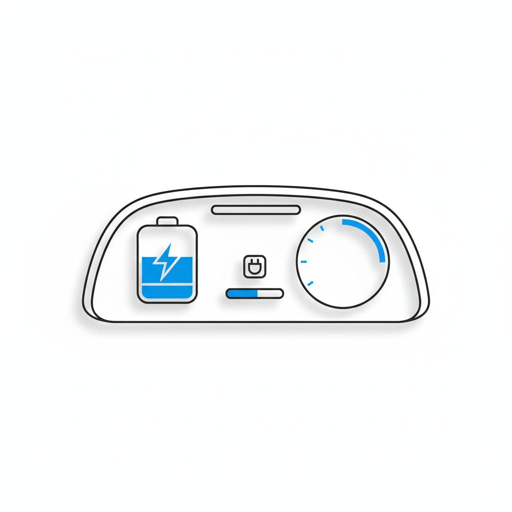 Minimalist vector EV dashboard showing battery charge icon and circular range gauge in CarFax Deals colors for vw car dealers near me