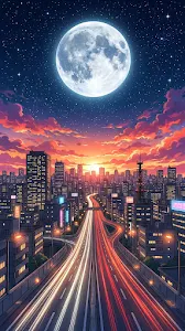 Anime Style Cityscape at Sunset with Full Moon and Skyscrapers