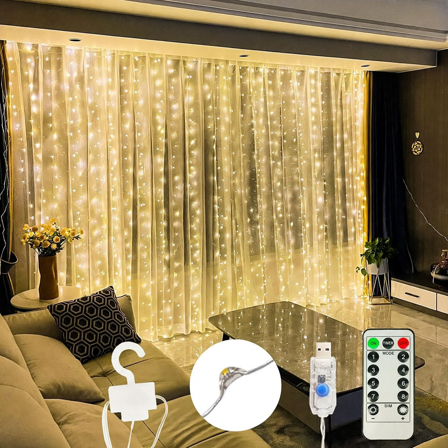 LED-Vorhang-Lichterkette mit USB, Fernbedienung und Haken