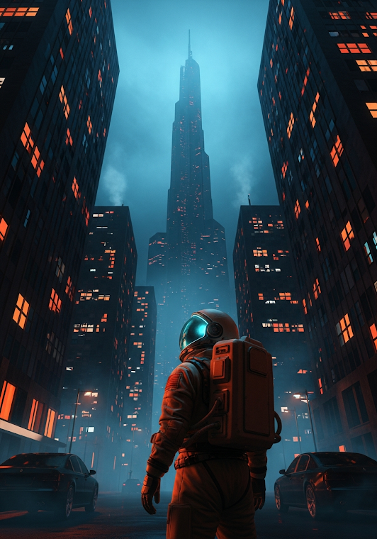 Astronaut in Neon City Street