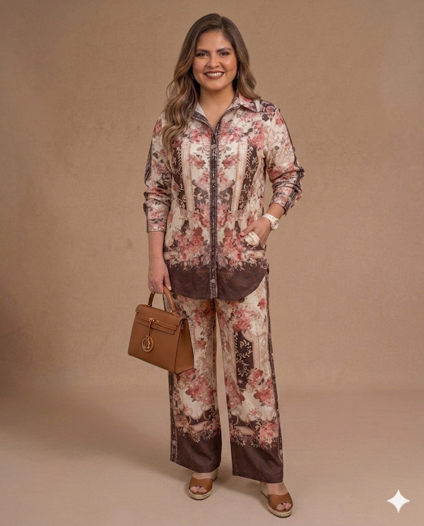 Set de Pantalón y Blusa Estampado Floral Café