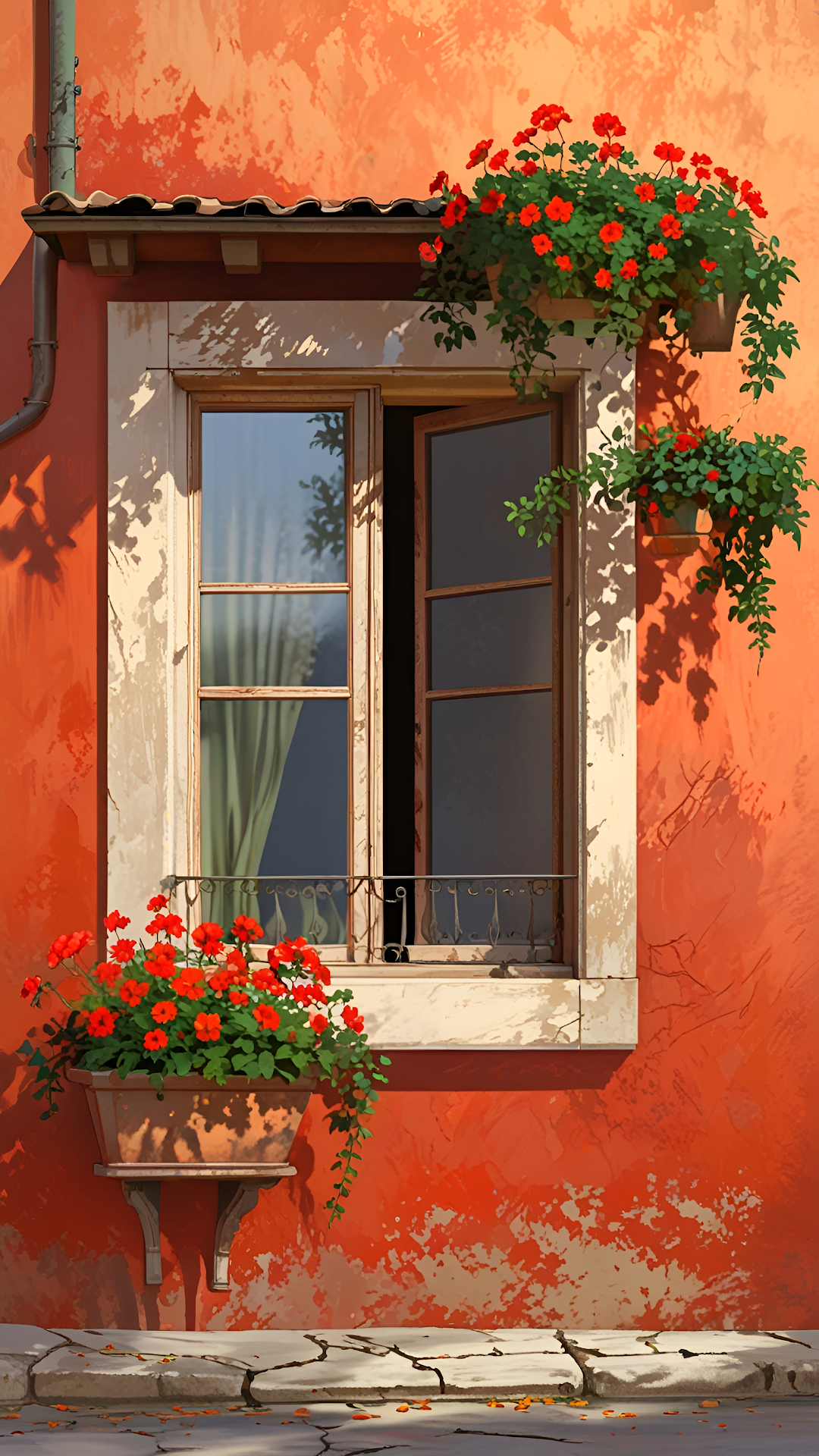 Vibrant Terracotta Wall Window with Red Geraniums Art - Free 4K mobile Wallpaper