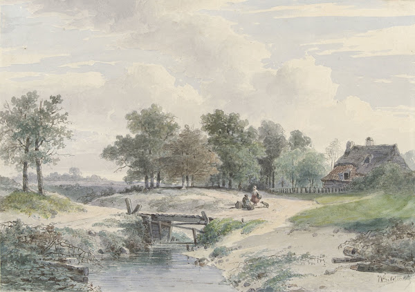 Landschap met bruggetje en figuren voor een boerderij 1841   1890