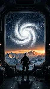 Sci-Fi Space Window View of a Cloud Vortex and Snowy Mountains