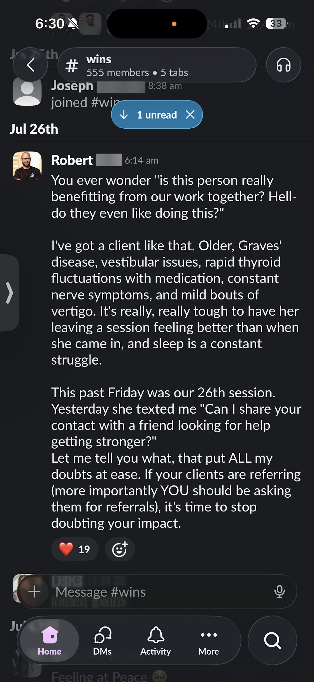 Slack post from an Active Life Professional