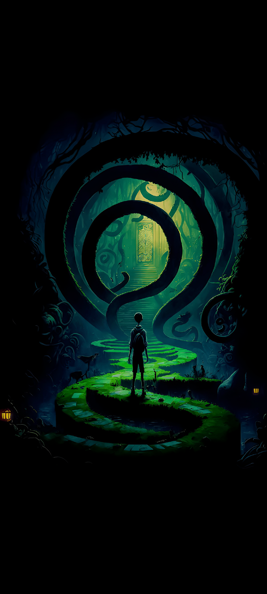 Lone Boy in Dark Forest Labyrinth Digital Art - Free 4K mobile Wallpaper
