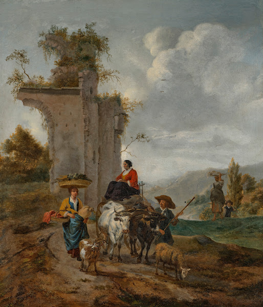 An Italianate landscape with villagers and an ox cart