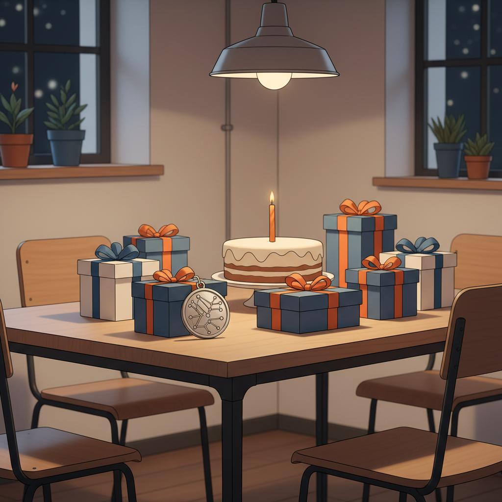 Nahaufnahme eines Geschenktisches mit Geschenkboxen, graviertem Metallanhänger und Vanillekuchen in warmem, leicht industriellem Interieur – Was kann ich einem Gamer schenken?